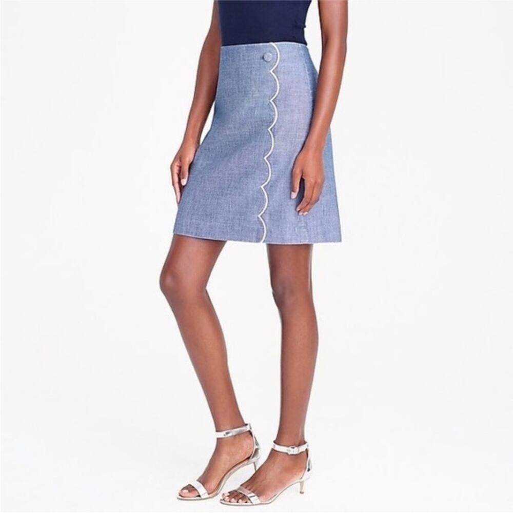 J Crew Scalloped Front Mini Skirt H4918 Summer Blue White Size 2 100% Cotton
